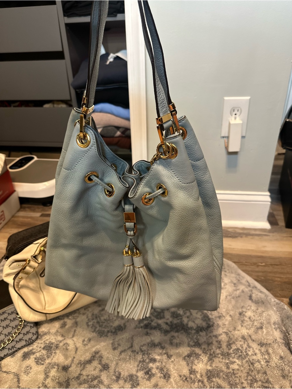 Michael Kors Light Blue Pebbled Leather Drawstring Hobo with Tassel